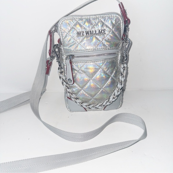 MZ Wallace MICRO CROSBY Iridescent Silver Quilted Crossbody Phone Bag - Picture 4 of 10